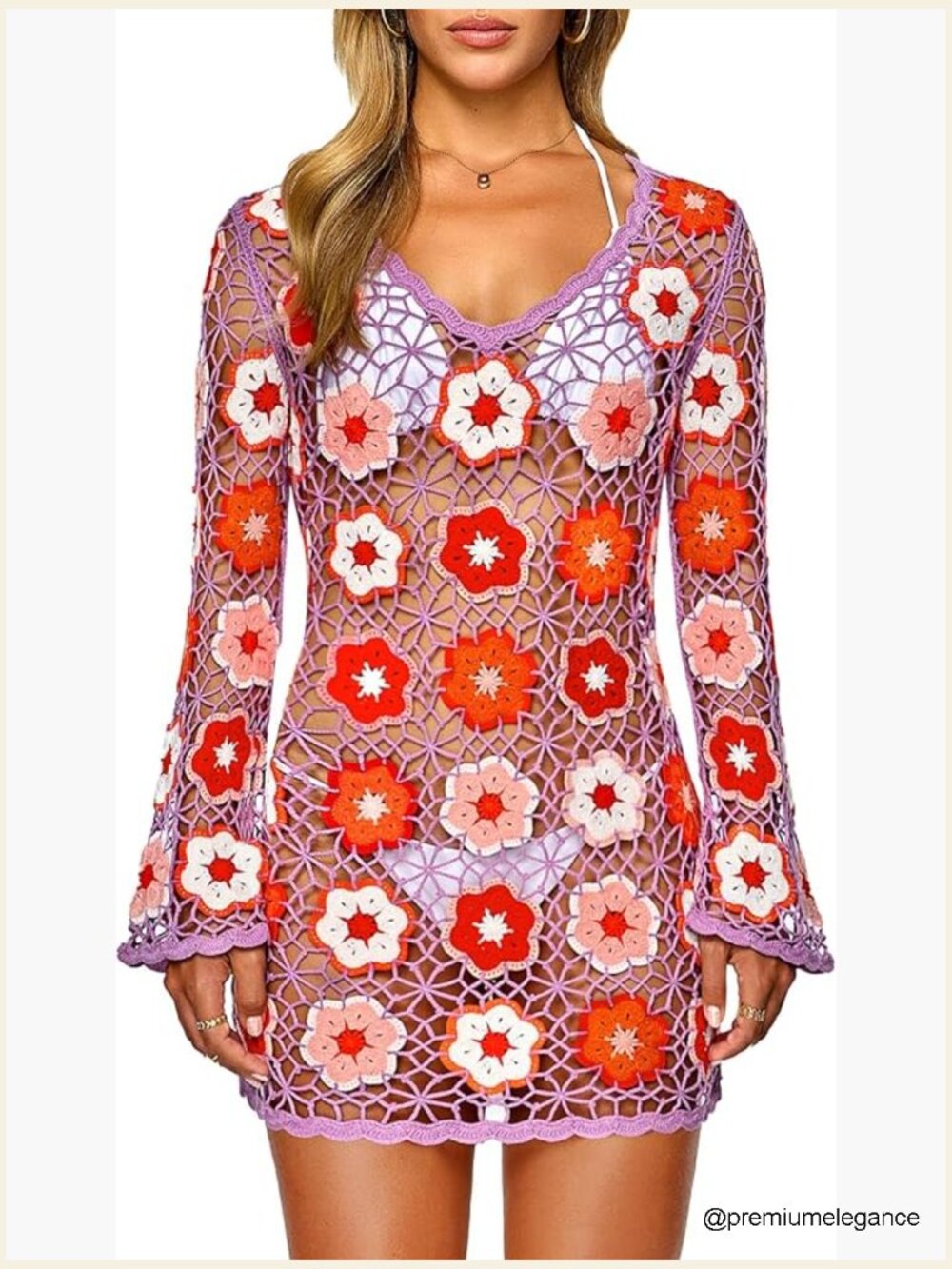 Boho Crochet Beach Cover Up Dress Bell Sleeve 3D Floral Embroidery Vacation